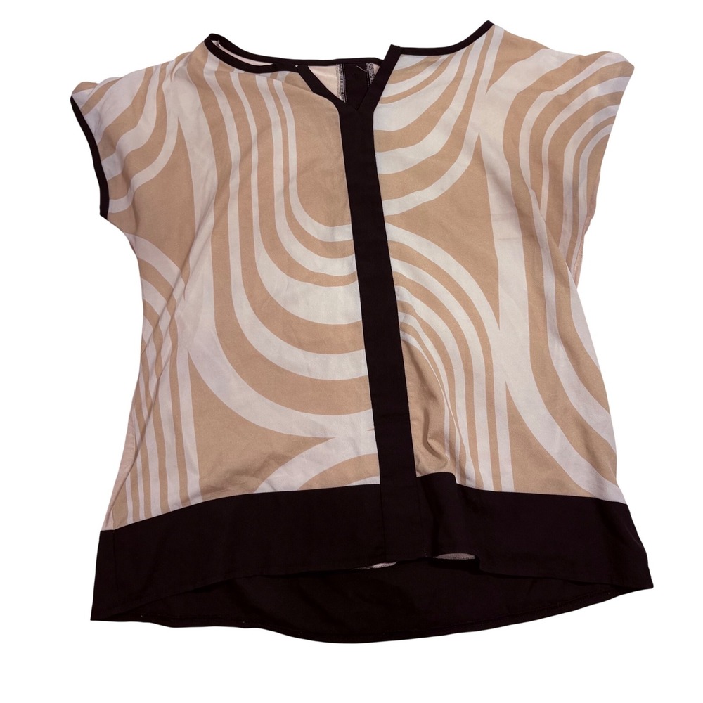 New York & Company Women Large Tan Black Swirl Print Mixed Media Cap Sleeve Top